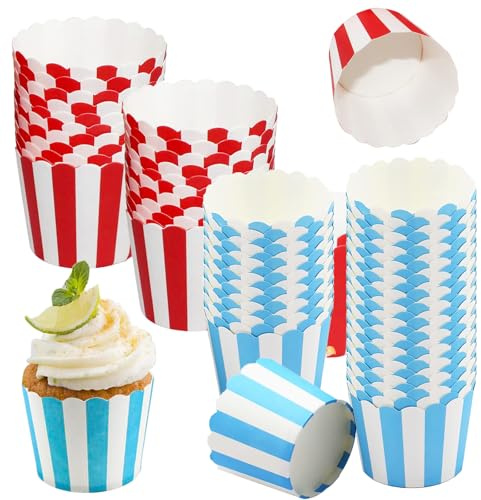 Muffin pappersformar, röda och blåa cupcake-formar papper 100 stycken, cupcakes av randigt papper, kaka pappersmuggar, lämplig för fester, festivaler, bröllop, konditorier (ränder)