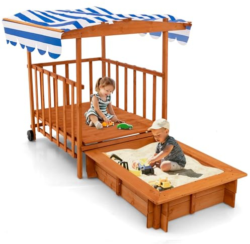 INFANS 3 in 1 Kids Sandbox with Canopy and Cover Rear Wheels Guardrails, Wooden Cedar Cabana Sandbox Playhouse for Outdoor Beach Backyard Lawn Garden Play Children Playset Home Sandpit