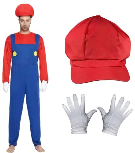 AYNKH Costume de Mario Costume de Déguisement pour Adultes et Enfants Chapeau Mario Bodysuit Moustache Gants Blancs Accessoires de Costume pour Halloween Cosplay Carnaval Party