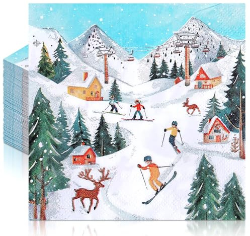 Frienda 60 Pcs Winter Ski Cocktail Napkin 3-ply 5x5 Inch Decoupage Supply | Skiing Cocktail Napkins, Disposable for Birthday Party, Baby Shower Wedding Table, Winter Party Decoration Supplies