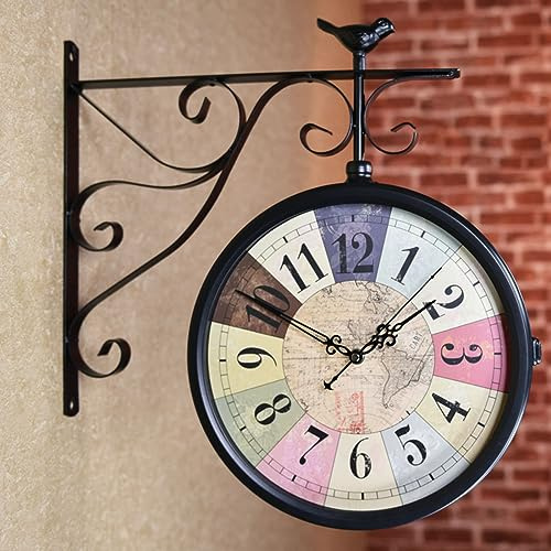 Horloge murale d'extérieur double face – Design de gare de train vintage avec support rotatif à 360° pour décoration de jardin et de terrasse