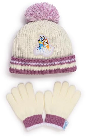 Bluey Girls Winter Hat and Gloves Set – Toddler Knit Beanie with Pom Pom and Matching Gloves – Official and Bingo Cold Weather Accessories – One Size, 100% Acrylic