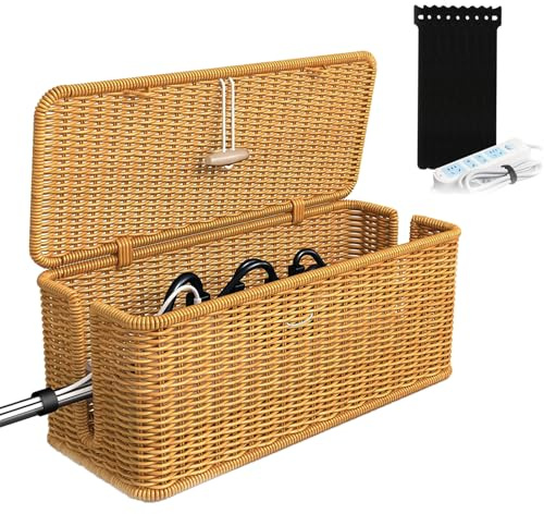 OUTALIZ Scatola Porta Cavi in Rattan, 1 Pezzo Scatola Nascondi Cavi Fatta a Mano con Coperchio, Scatole Organizzatore Cavo Fatta a Mano, Scatole Cavo Organizer, con 10 Fascette in, per Ufficio, Casa