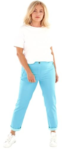Schuerzenfabrik Pantalon chino pour femme en coton avec taille élastique et bouton, pantalon élastique à enfiler avec poches et broderie, tailles 36-54, en rouge, vert ou turquoise