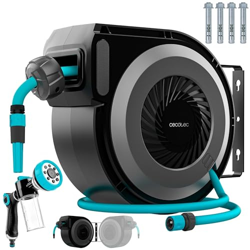 Cecotec Carrete de Manguera 10m HydroShell 100 Pro. Enrollador Automático con SlowReturn y Smooth Technology, Portátil con Giro 180º, Pistola Pulverizadora 8 Funciones con Depósito para Jabón