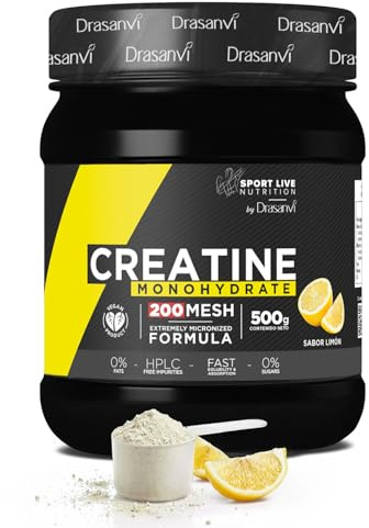 Drasanvi Creatina Monohidratada 500g Sabor Limón | Sport Live | 88 Servicios | 3g Creatina Pura por Dosis | Creatina Micronizada en Polvo | 0% Azúcar | Suplemento Deportivo Alta Intensidad