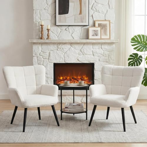 Ckaff Set di 2 Poltrona Salotto Scandinava, Poltrona Camera da Letto in Tessuto Boucé, Poltroncina Imbottita Sedie Sala da Pranzo con Braccioli per Soggiorno Camera da Letto Sale da Pranzo, Bianco