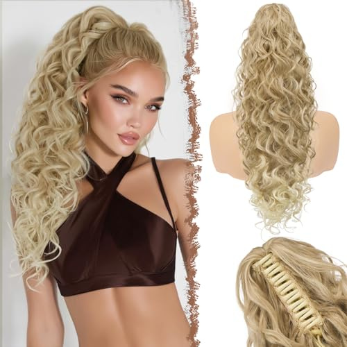 FESHFEN Coda Capelli Ricci Extension con Pinza - Lunghi Ondulata Coda Finta Capelli Sintetici Posticci Ponytail Extensions Coda di Cavallo per Donna, 65 cm Biondo Misto con Punte Biondo Cenere