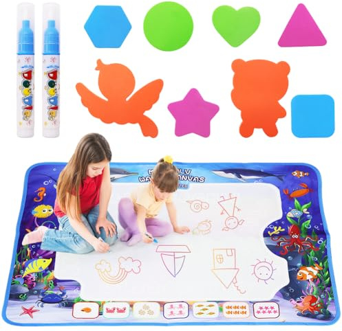 Water Drawing Mat with Rainbow Color Swatches,Children Magic Water Drawing Mat Board，80 x 60 cm, Magic Doodle Painting Pad with 2 Pens and 8 Stamps, Educational Toy for Children 15+ Years