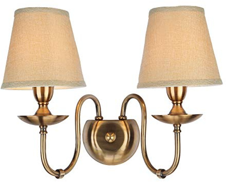 Vägglampa i polerad mässing med dubbla ljuskällor - Vintage läslampor med 2 ljuskällor och vit skärm i lintyg för sovrum, hall, vardagsrum, E12-sockel/d D (stor)