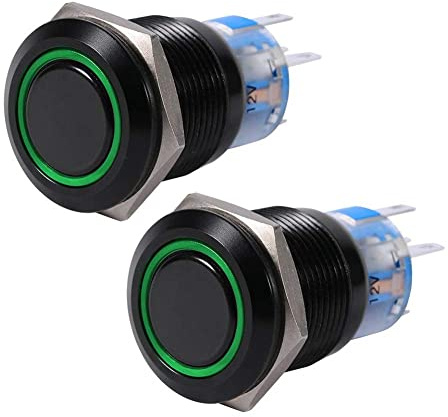 Keenso Pulsante a pressione a LED, 19 mm, 12 V-24 V, in metallo, interruttore autobloccante, impermeabile, 12 V, pulsante a pressione (2 pezzi, verde)