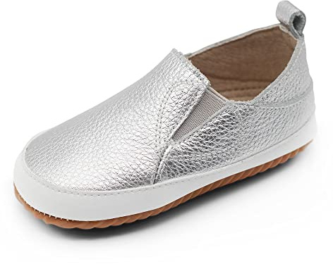 Dotty Fish Scarpe in Pelle Casual per Bambini. Antiscivolo con Suola di Gomma per Bambini. Primi Camminatori. Argentate (21 EU)