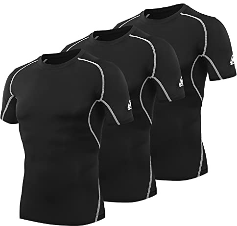 AMZSPORT Kompressionströja för män, kortärmad, funktionella skjortor, cool, torr, träning, löpning, topp, Svart-05 x 3, XL
