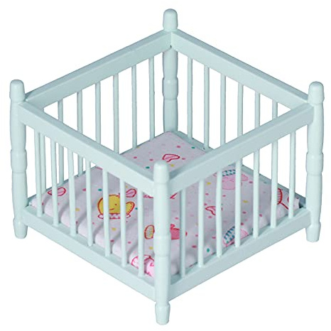 1:12 Scale Wooden Doll House Baby Bed DIY Miniature Doll House Mini Furniture Accessories with Mattress Square Bed Blue Children's Day Gift