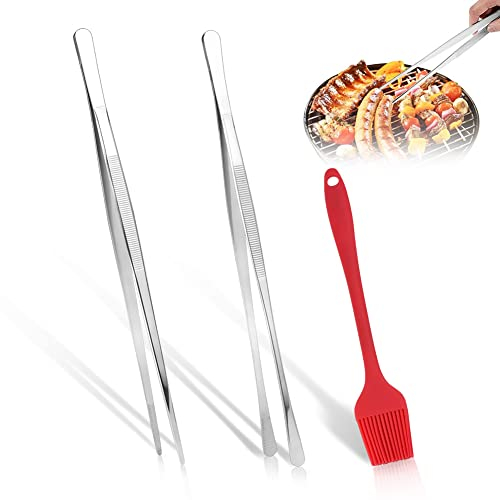 SNAGAROG 2 Stück 30cm Profi Kochpinzette Edelstahl Grillpinzette Fleischpinzette Rostfreie Küchenzange mit geriffelten Griffen, mit Silikonbürste für kleine und empfindliche Lebensmittel