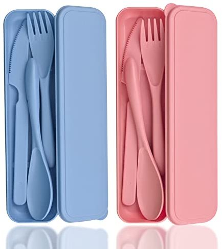Juego de Cubiertos de Camping, 2 Cubiertos de Viaje con Estuche, Cubiertos de Plástico Reutilizables,Juego Vajilla de Plástico Cuchillo Tenedor Cuchara,Traje Utensilios para Picnic(Rosa Azul)