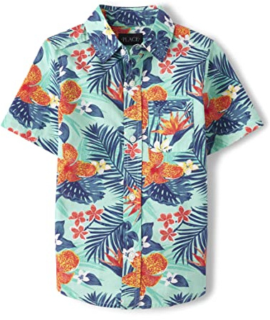 The Children's Place,Family Matching Short Sleeve Button Down Shirt, Dad and Son,Boys,Hawaiian Tropic,Medium