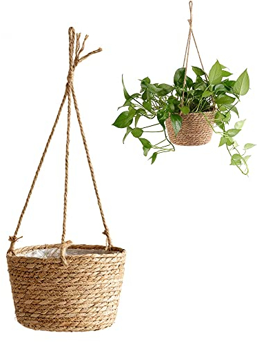Vasi Sospesi, Cesto per Fioriere Sospeso, Fioriera in Cotone Intrecciato, Fioriera di Paglia Sospesa, Cesto da Fiori Sospeso in Corda di Iuta, per Fioriere Decorative Appendibili per Casa