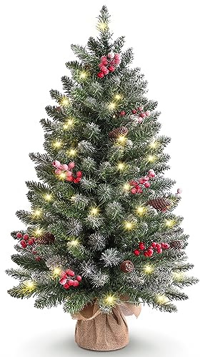 OasisCraft 3ft Tabletop Pre-lit Mini Christmas Tree with LED Lights and Pine Cones, Artificial Tree for Table/Desk Decoration