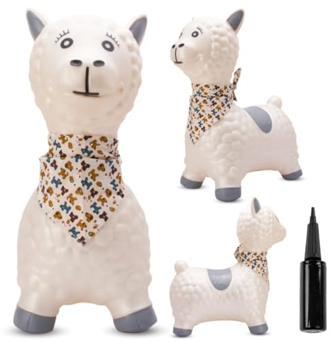 sun baby Hüpftiere ab 1 Jahr mit Pumpe aufblasbares Hüpfspielzeug aus Hochwertigem und Strapazierfähigem Gummi, Verschiedene Designs (Weißes Lama)