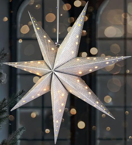 BRUBAKER LED Julstjärna att Hänga - 60 cm Pappersstjärna med 7 Spetsar - 3D Adventsstjärna - Batteridriven, Hängande och Upplyst - Fönsterdekoration Ljusstjärna - Silver