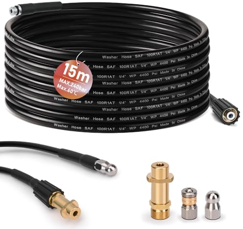 Rohrreinigungsschlauch 15m, mit M22 Adapter, Düsen starr + rotierend, 240bar 60°C Rohrreinigungsset Geeignet für Kränzle Kärcher K2-K7, Hochdruckreiniger Hochdruckschlauch