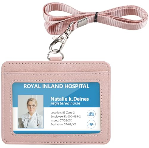Teskyer Card Holder with Lanyard, ID Badge Holder, Oyster Card Holder, Bus Pass Holder, with Clear Window, Holding 2 Cards, PU Leather, Horizontal, Rose