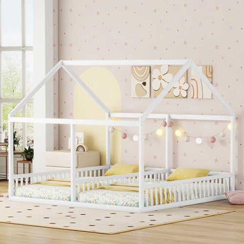 Merax Hausbett 90x200cm, 2-in-1 Kinderbett mit Rausfallschutz und Lattenrost, Funktionsbett Doppelbett für Zwei Kinder, Holz Baumhausbett für Mädchen & Jungen, Flachbett, Ohne Matratze, Weiß