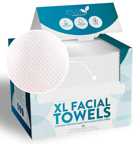 Eva Naturals XL Facial Towels – Disposable Face Cloths Made from Soft Eucalyptus Fibers – Hygienic, Strong & Absorbent Cleansing Wipes for Makeup Removal, Washing & Skincare – 50 Count