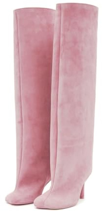 Trelako Stivali alti al ginocchio da donna in camoscio nudo largo polpaccio a spillo stivaletti lunghi punta quadrata pull on tacco alto stivali da equitazione per donne signore moda abito stivali