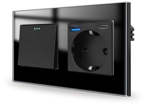JIMEIDA Lichtschalter mit Steckdose 20W Schnellladung mit USB Ports (USB A und Type C) Schwarz 1 Fach 1 Weg Unterputz Glas Steckdose Taste Schalter 157 * 86MM,10 Amp,250 V