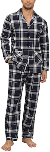 MoFiz Pijamas Largo Hombre Invierno Algodón Conjunto de Pijama con Botones a Cuadros Suave Ropa de Dormir Manga Larga Camisetas de Pijama y Pantalones con Bolsillos US M/EU L