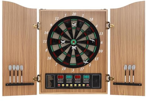 Elektronische Dartboards Set, Profi Dart Scheibe Elektronische mit 4 LED-Anzeigen, Dart Schrank Dekoratives Liste der 27 Spiele mit 12 Pfeile für Profis und Anfänger (Gelb)
