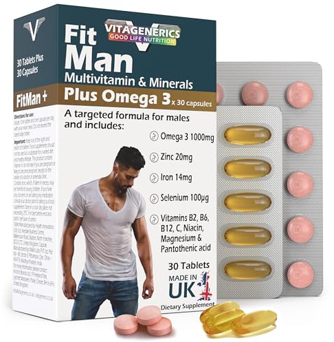 VITAGENERICS FitMan High Strength Multivitamin & Minerals + Omega 3 | 30 Tablets + 30 Capsules| 1000mg Omega 3, Zinc, Iron, Biotin, Vitamin D, Magnesium, B-Complex & More! UK Made Supplement for Men
