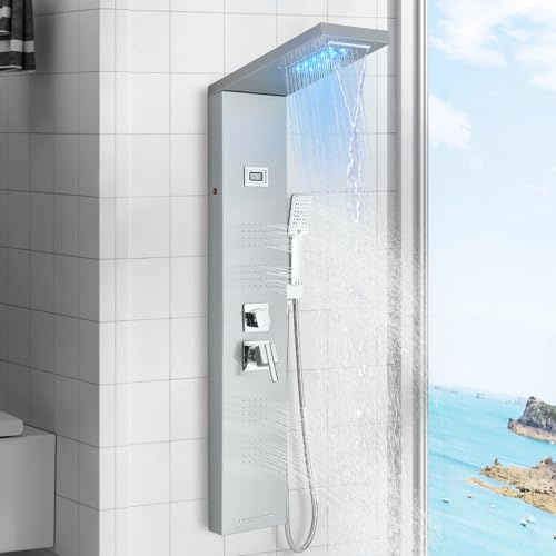 Cesinkin Panel de ducha LED con grifo, sistema de ducha de lluvia de acero inoxidable, 5 funciones, cascada, ducha de lluvia y ducha de mano, caño de bañera, chorros de masaje, pantalla LCD de