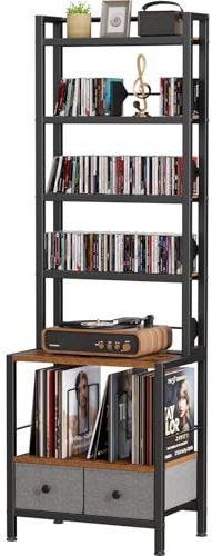DVD Storage Vinyl Record Storage Rack, 6-Tier CD Rack Tower with Drawers for CDs, DVDs, Albums, Books & Games, Vinyl Record Holder & DVD Shelf Organizer for Living Room & Home Office, 20.8x11.8x63Inch