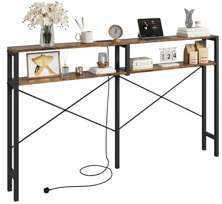 IRONCK Konsolentisch mit Ladestation, schmaler Sofatisch, 180cm Flurtisch mit 2 Ablagen, Type-C & USB Anschlüsse, 2 AC Steckdosen, Eingangstisch, Beistelltisch für Wohnzimmer, Dunkelbraun