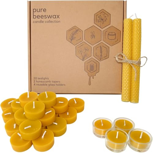 Treehouseco Set di 20 lumini in pura cera d'api, 2 candele coniche a nido d'ape e 4 supporti in vetro riutilizzabili, lumini a lunga combustione e candele lunghe, cera d'api atossica, ecologica