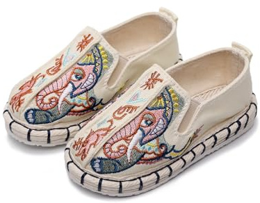 Tinymori Kids Embroidered Canvas Shoes – Traditional Chinese Style Cloth Shoes with Soft Sole for Girls and Boys, Slip-On Sneakers, Breathable Fabric, Lightweight and Comfortable (Cute Elephant Beige,1)