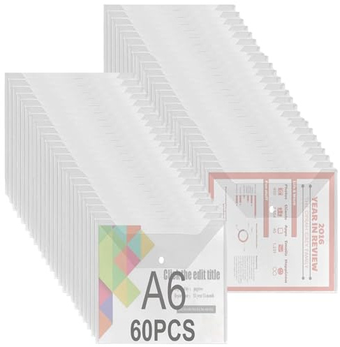 ASelected Lot de 60 pochettes pour documents avec bouton-pression A6 - Pochettes transparentes pour documents - Pochette transparente de rangement A6 avec bouton-pression pour organisateur de