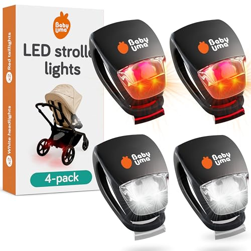 Baby Uma Luci passeggino LED 4 pezzi – Universali, 3 modalità luce (Fissa/Pulsata/Stroboscopica), Luci bici anteriori e posteriori, Clip-On Facili da Usare