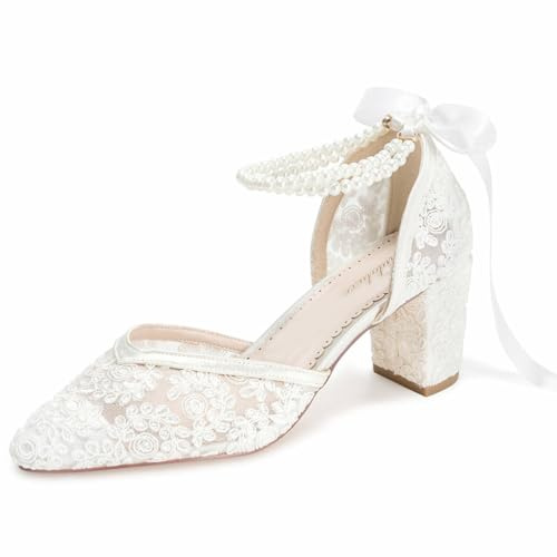 Bridaluxe 6185 Women’s Closed Toe Wedding Shoes 2.56 Inch Block Heel Lace Pearl Bow Ankle Strap Bridal Heels Color Ivory,Size 6.5 UK/40 EU