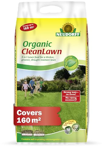 Neudorff Organic CleanLawn, Lawn Fertiliser for a Thicker, Greener, Drought Resistant Lawn, Suppresses Moss and Weeds, 8 kg for 160 m²