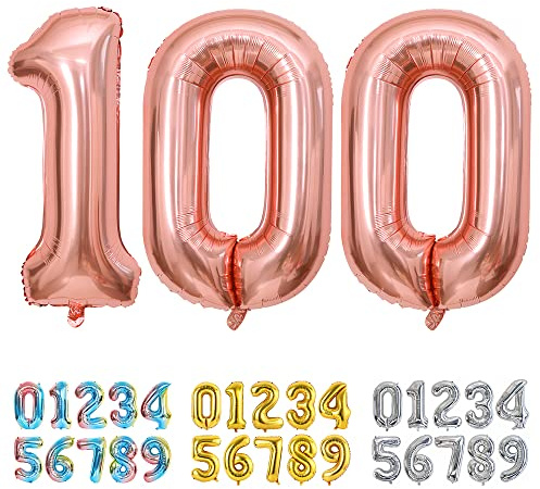 Ponmoo Foil Balloon Number 100 Rosegold, Giant Numbers 0 1 2 3 4 5 6 7 8 9 10-19 20-29 30-39 40-49 50-60-70-80-90-100, Large Balloons for Wedding Anniversary Birthday Party Decoration