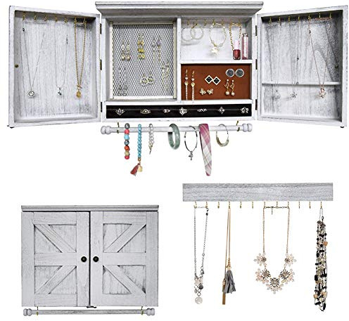 MULIFEE Rustic Wall Mounted Jewelry Organizer,Vintage Wooden Hanging Jewelry Holder Box with Barndoor Decor for Necklaces, Earings, Bracelets, Rings, Accessories. Includes Hook Organizer