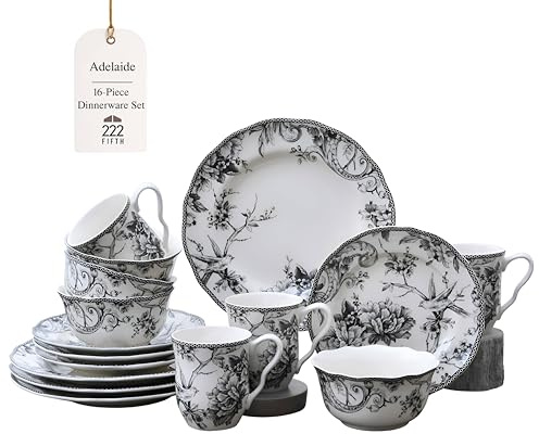 222 Fifth Adelaide 16-Piece Black Porcelain Dinnerware Set – Service for 4, Featuring Hand-Applied Romantic Woodland Bird Design, Everyday Big Dinner Plates and Bowls Sets, Microwave & Dishwasher Safe