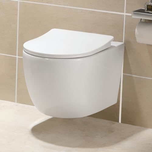HOROW Keramik Hänge WC mit Nano Beschichtun, Keramik Wand WC Weiß, Kompakt WC Schüssel mit Sitz Absenkautomatik D form, mit Softclose Deckel, Toiletten für Gäste-WC