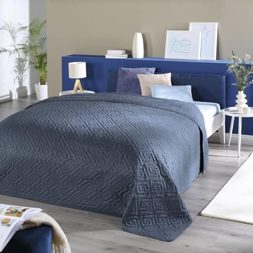 Delindo Lifestyle Couvre-lit bleu de qualité supérieure pour lit double, couleur unie pour chambre à coucher, 220 x 240 cm