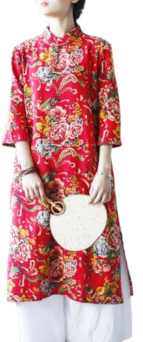 Women Chinese Traditional Northeast Flower Cheongsam Qipao Mandarin Collar Keyhole Dress with Pocket (US, Alpha, One Size, Regular, Regular, Red Peony)