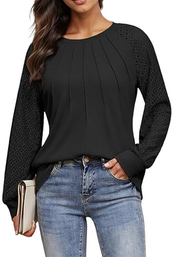 Timuspo Festliches Oberteil Damen Waffelstrick Schwarze Bluse Rundhals Mode Vorne Falten Shirts Langarmshirts Frühling Herbst Tops L